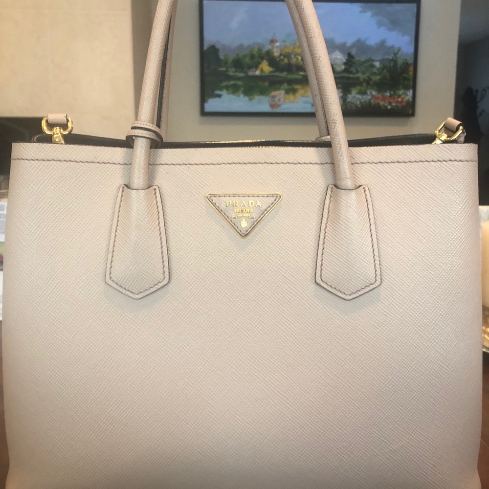 Medium Saffiano Learher Double Prada Bag in Cameo